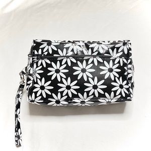 Retro Black & White Floral Print Bag / Clutch / Wristlet / Makeup Bag - 90s